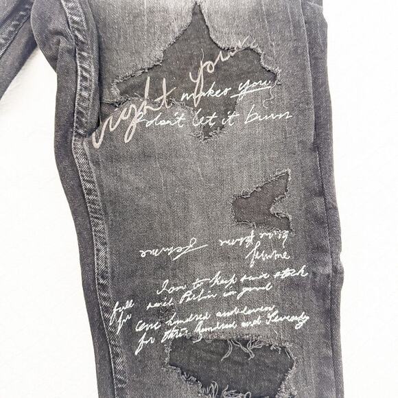 Zara Ripped Denim Graphic Text Distressed Denim Jeans Black/Gray NWT Size 40 - Picture 6 of 10